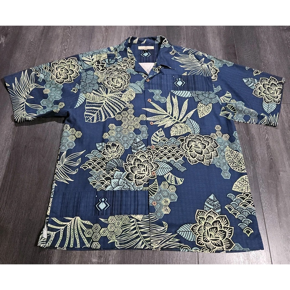 Tommy Bahama Silk Hawaiian Camp Shirt Men L Blue Floral Beach Vacation Relax